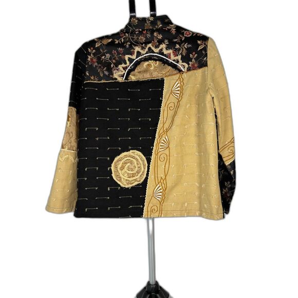Indigo Moon Art to Wear Patchwork Jacket M Boho Lagenlook Embroidered Gold Black - Picture 3 of 6